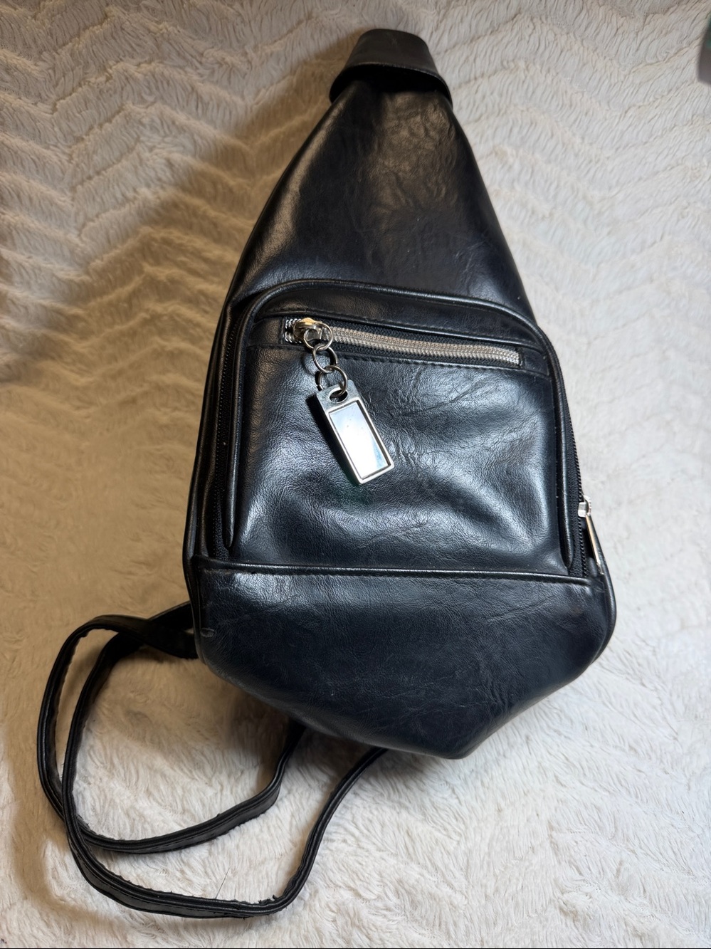 Vintage 1983 Black Leather Convertible Sling Backpack Bag Split Strap